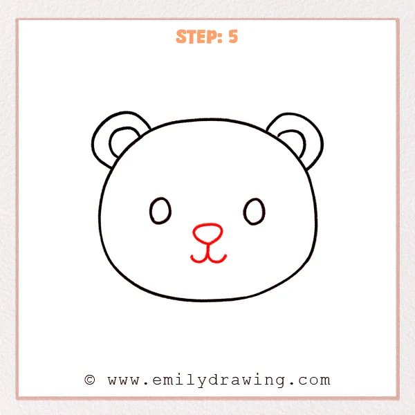 how to draw a bear face - Step 5: A small oval nose and a simple smiling mouth are added to the bear face.